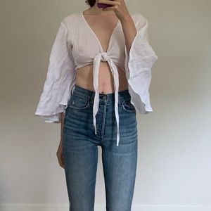 100% Linen Tie Front Crop Top